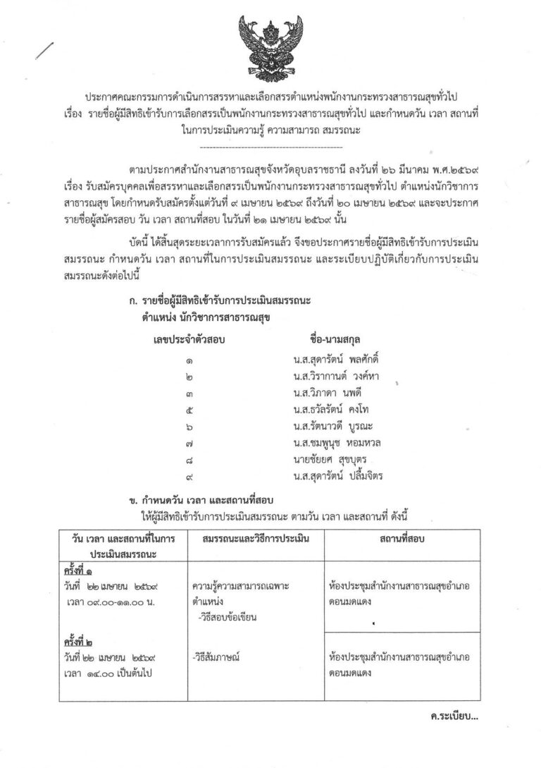 ประกาศรายชื่อผู้มีสิทธิ์เข้ารับการเลือกสรรเป็นพนักงานกระทรวงสาธารณสุขทั่วไป